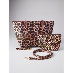 2-in-1 Reverse Leopard Saddle Brown Vegan Leather Tote Pouch Set